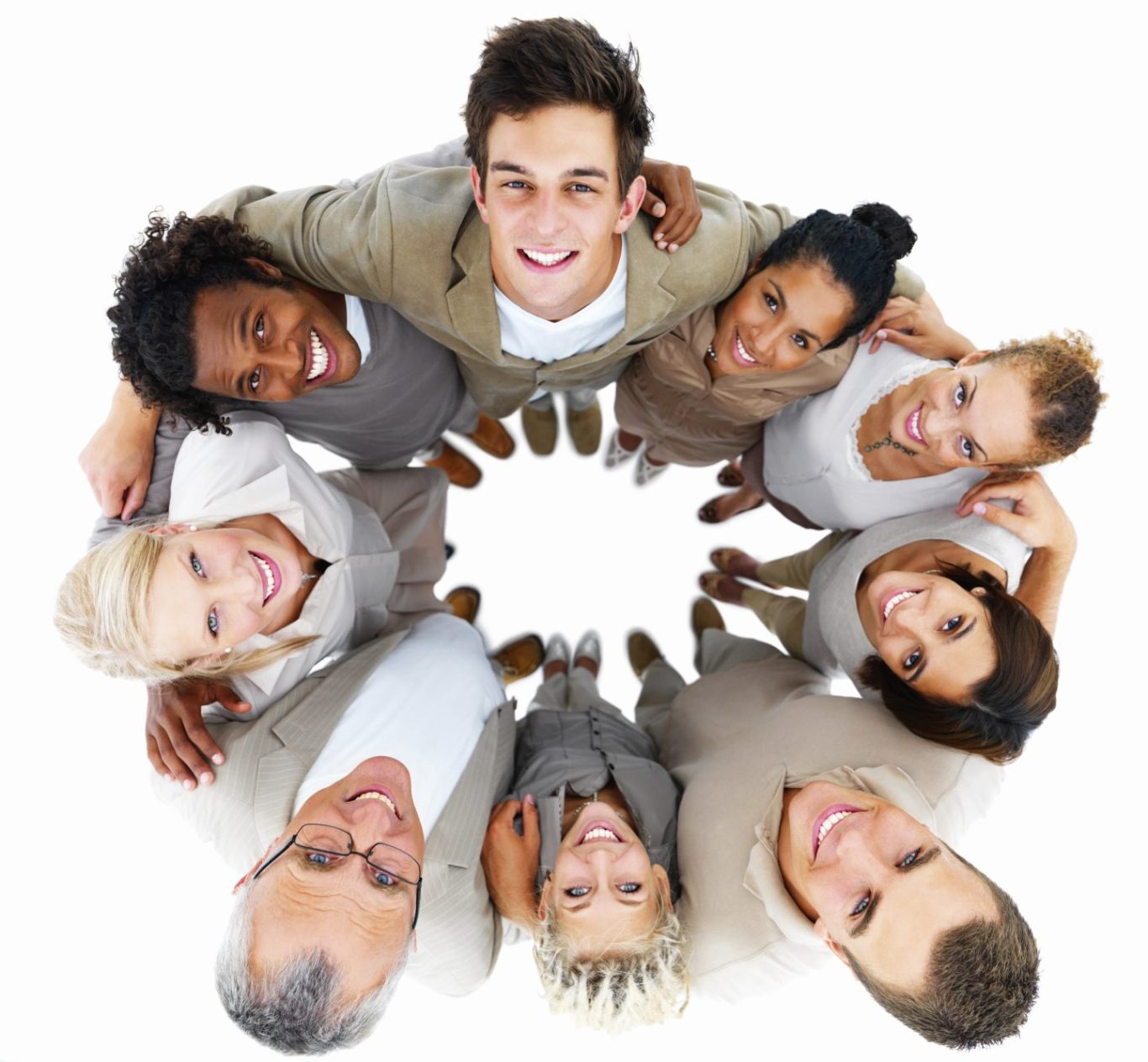 Diverse group of young people standing together in a supportive circle, smiling